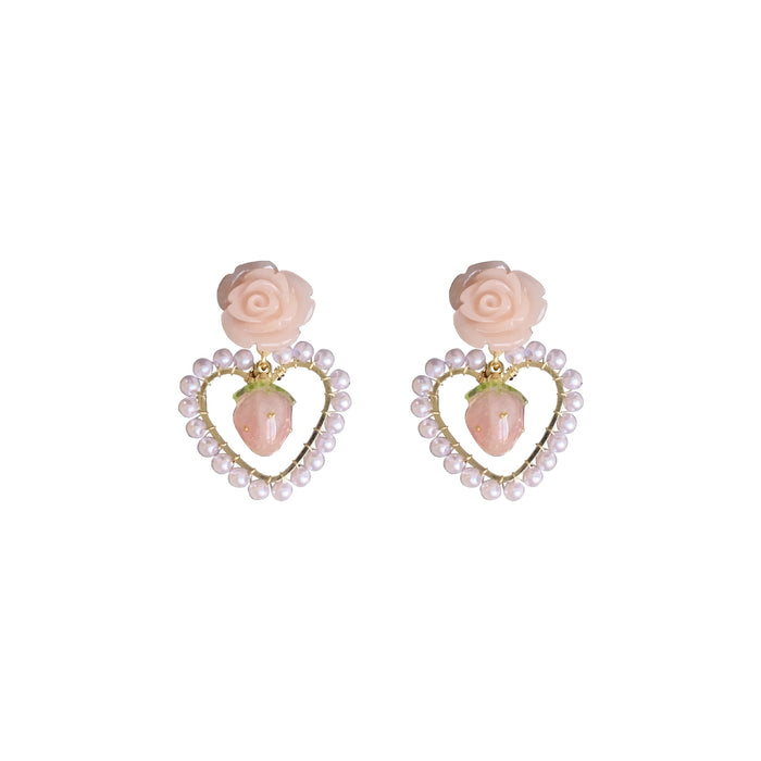 Wholesale Little Strawberry Women Cute Pink Rose Pearl Earrings JDC-ES-Xinx012