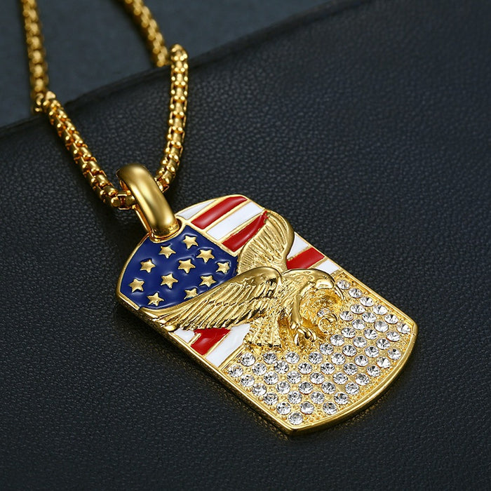 Wholesale 4th of July Alloy Independence Day Hip Hop Gold Plated Diamond Eagle Pendant Necklace JDC-NE-XunO038
