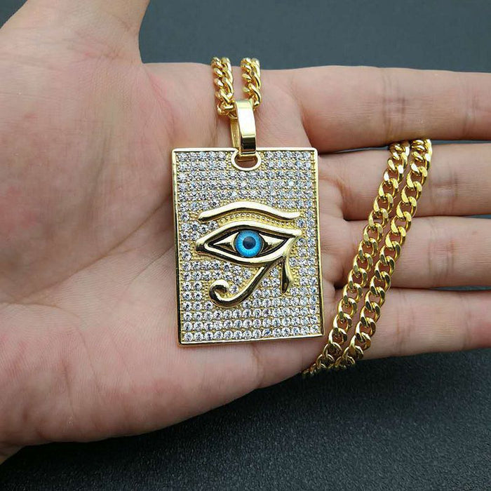 Hip Hop Hop Hop Titanium Steel Gold Rhinestone ojo de diamantes de imitación de Horus Collar JDC-Ne-Premfy011