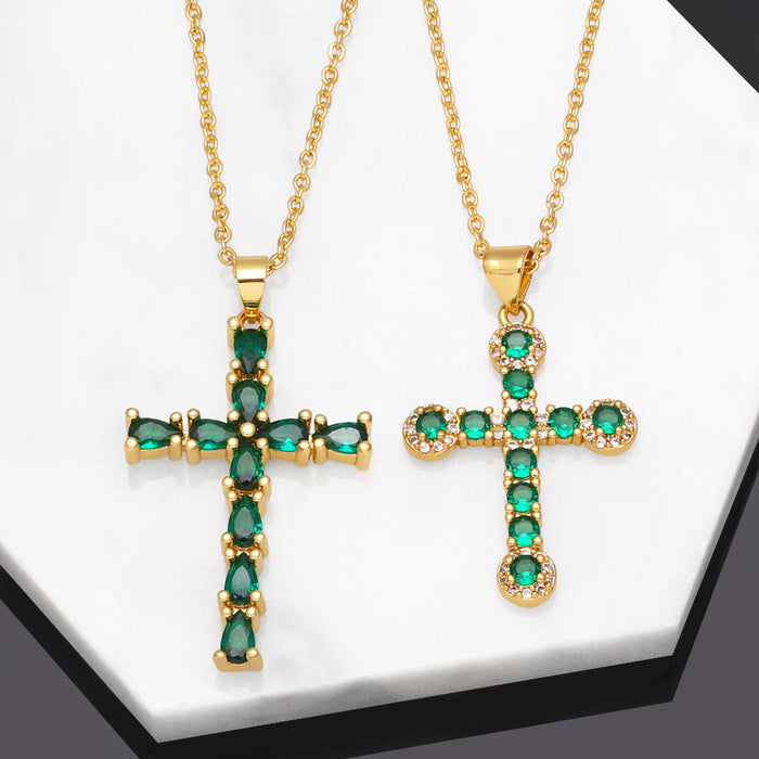 Collar al por mayor de cobre chapado de cobre 18K Zircon Emerald Cross JDC-Premas-Ne-016