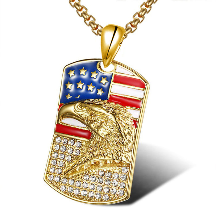 Wholesale 4th of July Alloy Independence Day Hip Hop Gold Plated Diamond Eagle Pendant Necklace JDC-NE-XunO039