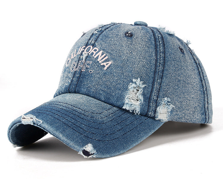 Wholesale Hat Denim Distressed Ripped Hole Embroidery Simple Peaked Cap JDC-FH-NaDi001