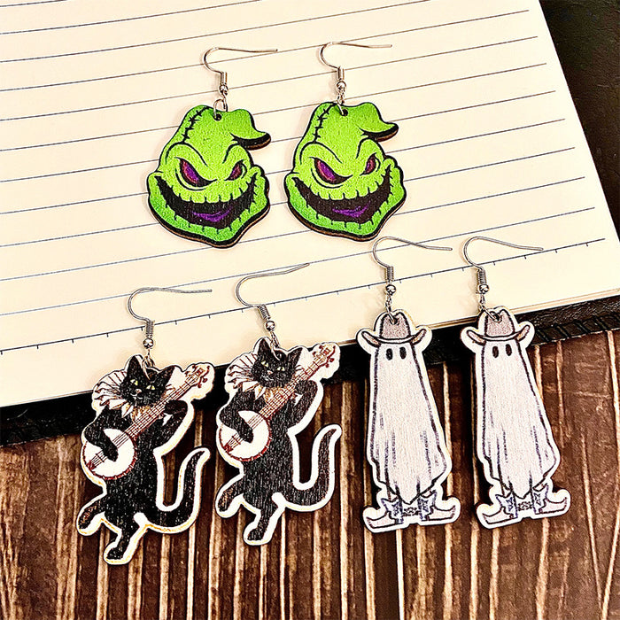 Wholesale Earring Wood Halloween Ghost Black Cat Pumpkin Earrings 2 pairs JDC-ES-Qunyi007