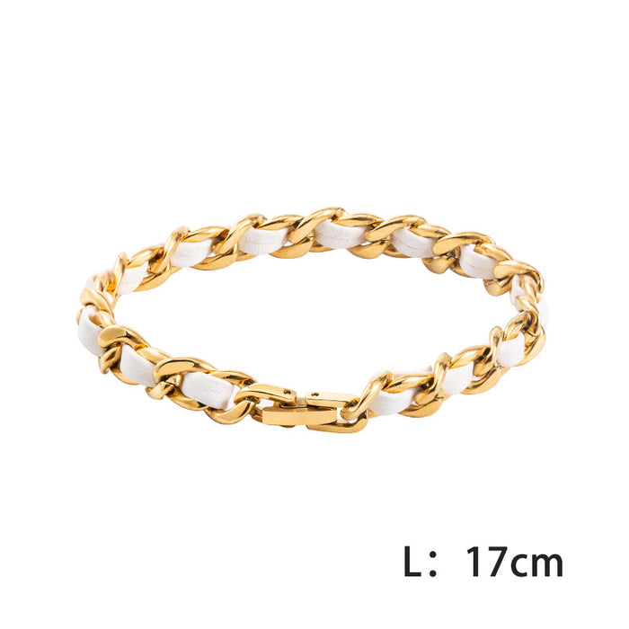 Wholesale Bracelet Titanium Steel White Leather Braided Gold Cuban Chain MOQ≥2 JDC-BT-XinYuan003