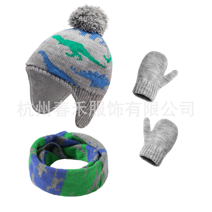 Sombrero al por mayor Acrílico lindo dinosaurio Invierno Niños tejidos Guantes de sombrero Bufanda de 3 piezas MOQ≥2 JDC-FH-CHUNH004