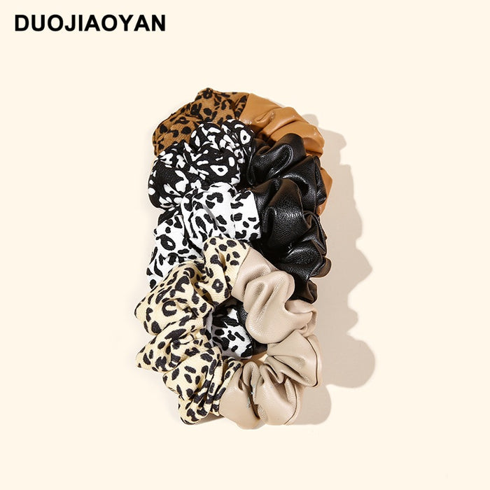 Wholesale Hair Band PU Flannelette Stitching Leopard Head Rope Rubber Band JDC-HD-Jiaoy022