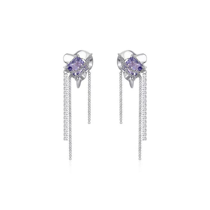 Wholesale Purple Square Zircon Crystal Chain Tassel Silver Needle Alloy Earrings JDC-ES-Qiant006