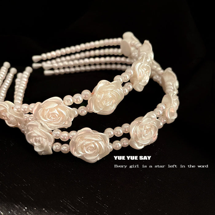 Wholesale rose flower pearl headband retro super fairy double headband JDC-HD-Lyuan004