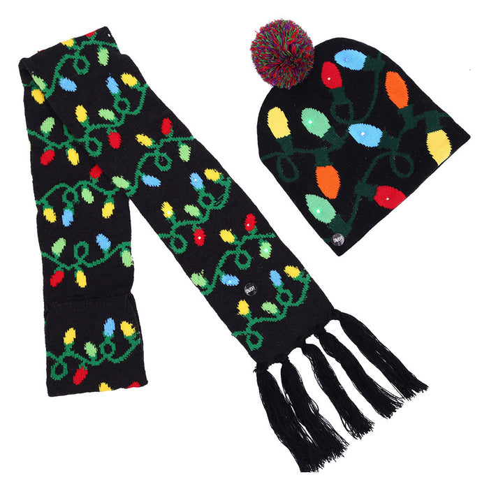 Wholesale Hat Acrylic Christmas Colorful Ball LED Knitted Scarf Set with Lights MOQ≥2 JDC-FH-WXH001