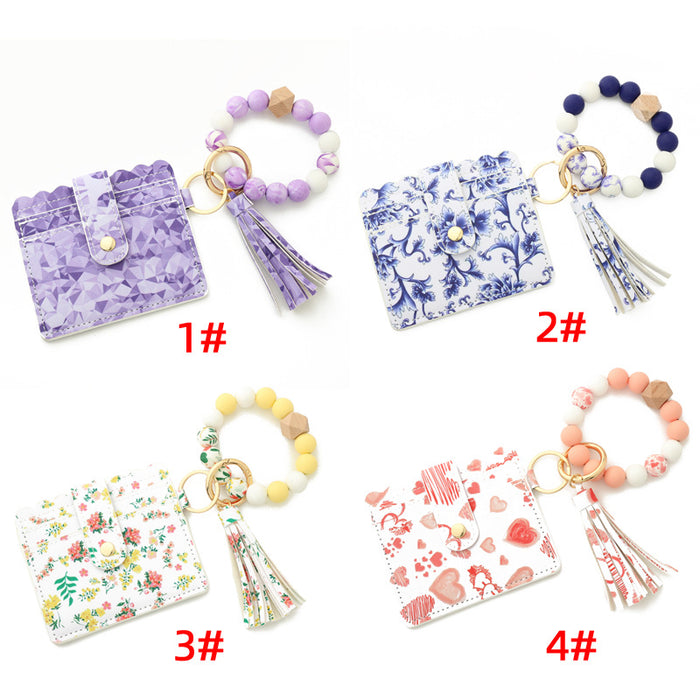 Wholesale Keychains Silicone Leather Blue and White Porcelain Beaded Floral Card Holder MOQ≥2 JDC-KC-NuoYi015