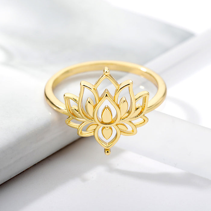 Wholesale Ring Personality Hollow Lotus Brass JDC-RS-MJ006