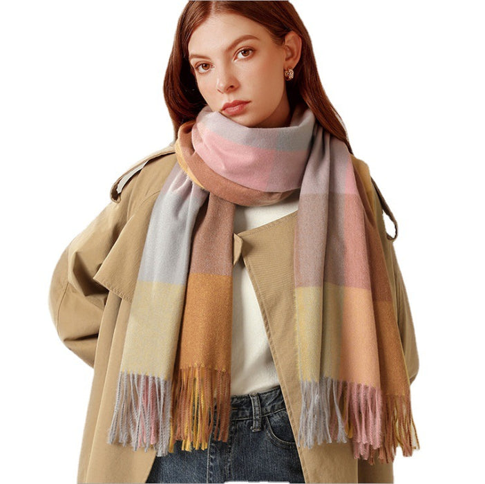 Wholesale Scarf Polyester Colorblock Plaid Tassel Extended Warmth MOQ≥2 JDC-SF-Jinghan005