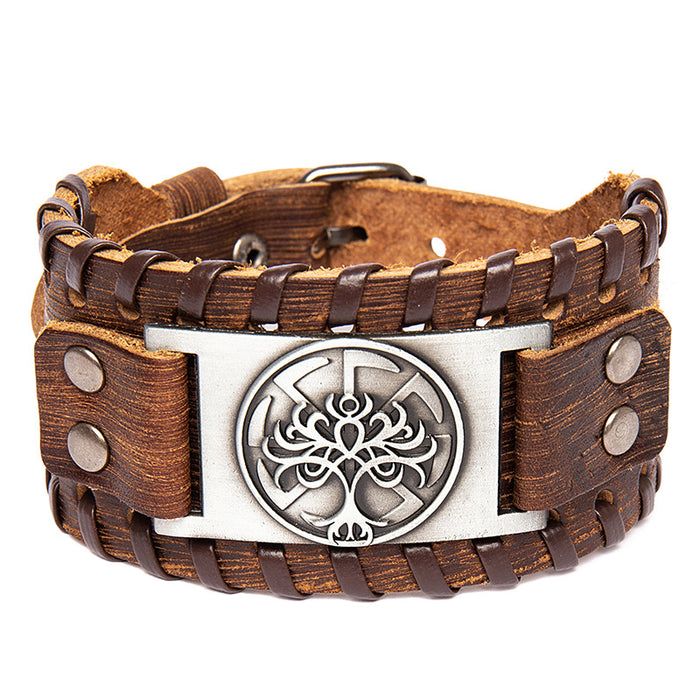 Wholesale Rune Wide Bark Tree Totem Alloy Leather Bracelet JDC-BT-BaB007