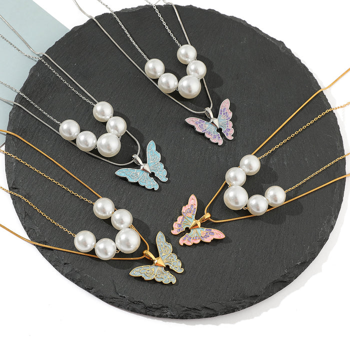 Wholesale Double Layer Butterfly Pearl Necklace Premium Enamel Pendant JDC-NE-kefeng002