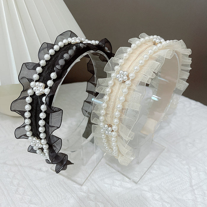 Wholesale Small Fragrance Lace Pearl Hair Hoop Mesh pleated non-slip JDC-HD-LeiY002