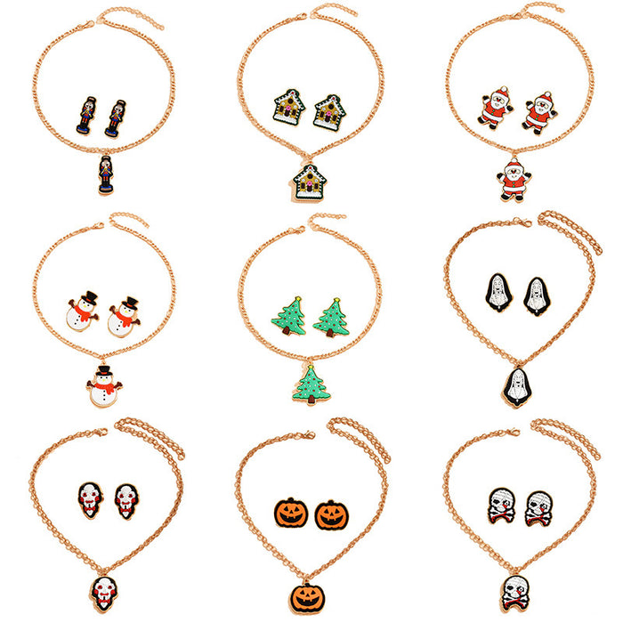 Wholesale Necklace Alloy Halloween Skull Pumpkin Snowman Stud Earrings Set JDC-NE-YYB001