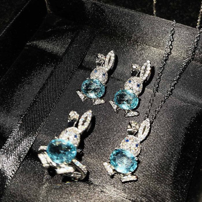 Wholesale Micro Inlaid Diamond Stud Earrings Imitation Natural Sky Blue Topaz Pendant Cute Open Rabbit Ring JDC-NE-ZhenR002