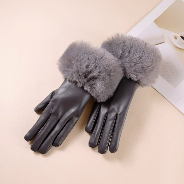 Wholesale Gloves PU Rabbit Fur Mouth Fleece Warm Touch Screen MOQ≥2 JDC-GS-BX019