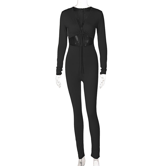 Wholesale Solid Color Sexy Lace Up Cutout Long Sleeve Bodysuit JDC-SW-XiSheng001