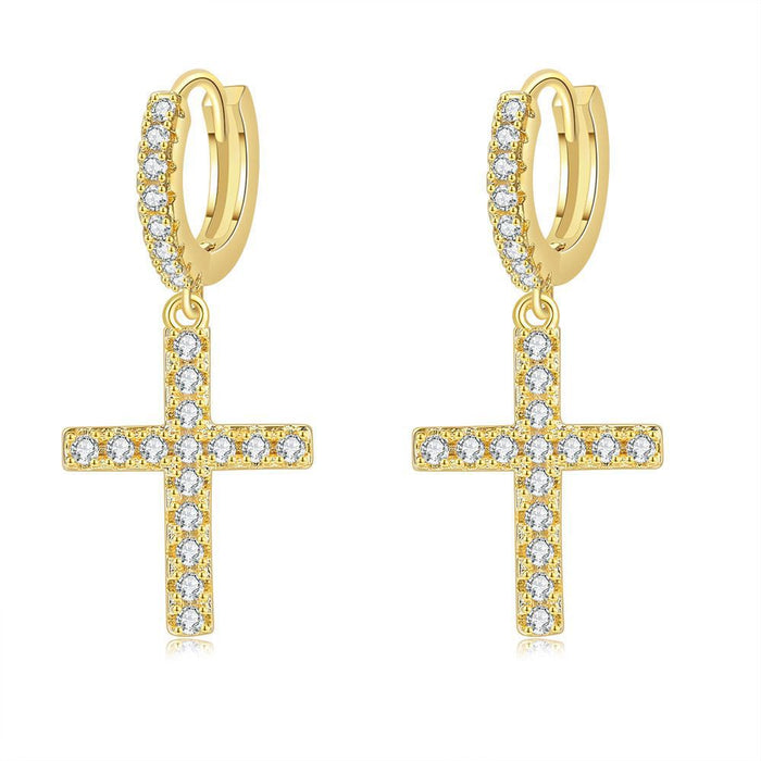 Wholesale Cross Copper Inlaid Zircon Gold Plated Earrings JDC-ES-ZY005