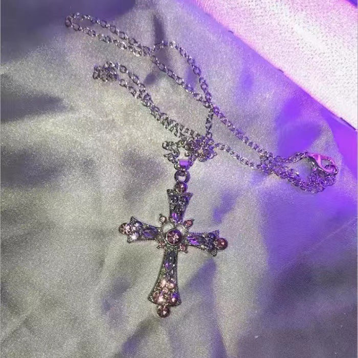 Wholesale Gothic Pink Zircon Cross Necklace MOQ≥2 JDC-NE-MengX002