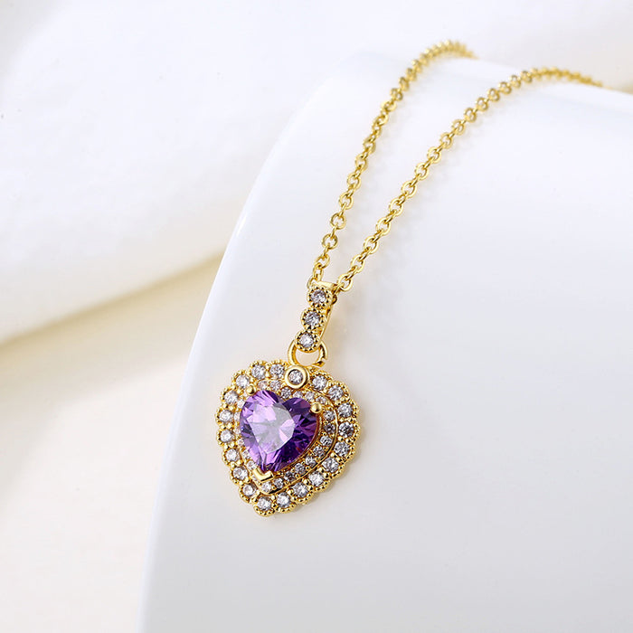 Wholesale Necklace Stainless Steel Amethyst Heart Shaped Copper Set with Zircon JDC-NE-QR006
