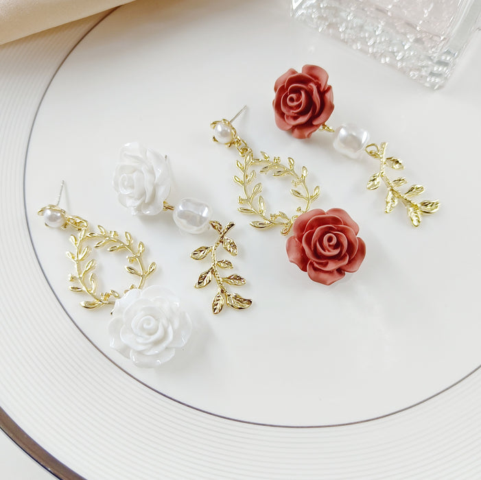 Wholesale S925 Silver Needle Asymmetric Pearl Rose Flower Earrings JDC-ES-HZQ010