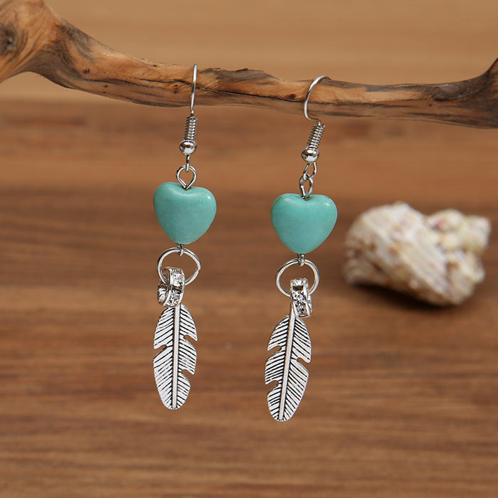 Wholesale Earrings Alloy Heart Shape Turquoise Feather Earrings JDC-ES-Saip072