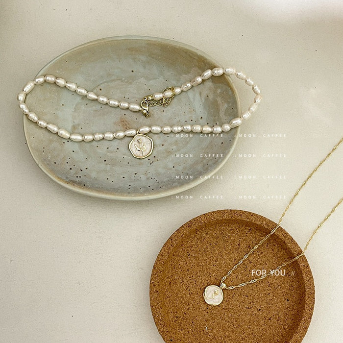 Wholesale Necklace Pearl White Enamel Vintage Rose Gold Coin MOQ≥2 JDC-NE-JiaJ005