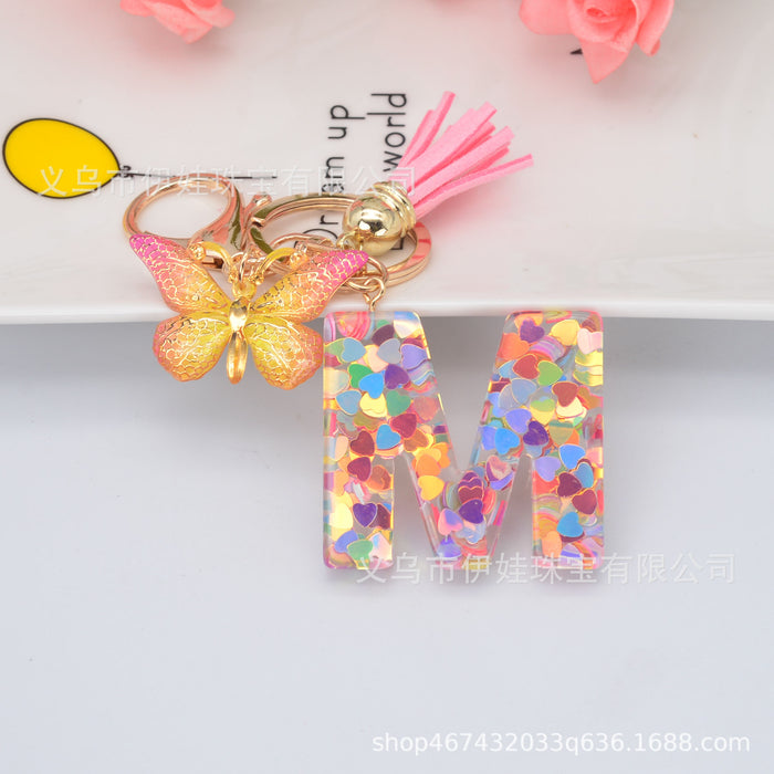 Wholesale Keychains Plastic Heart Sequins Alphabet Butterfly Tassel MOQ≥2 JDC-KC-YiWa013