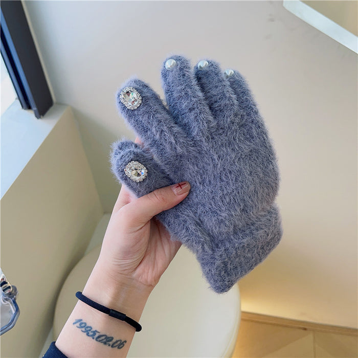 Wholesale Gloves Polyester Rhinestone Pearl Heavy Industry Plus Velvet Knit Fingering JDC-GS-HuiT002