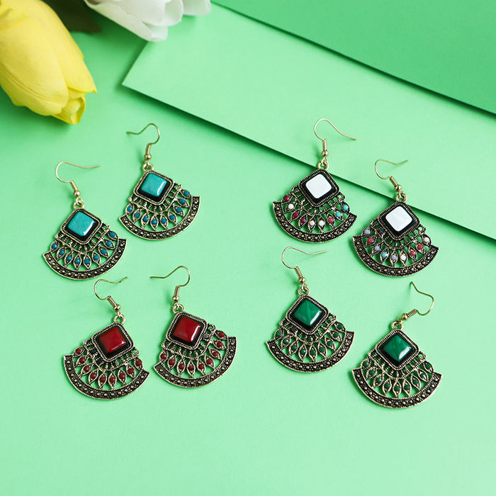 Wholesale Earrings Metal Vintage Ethnic Fan Shape Rice Beads Acrylic Drills MOQ≥2 JDC-ES-Daiq044