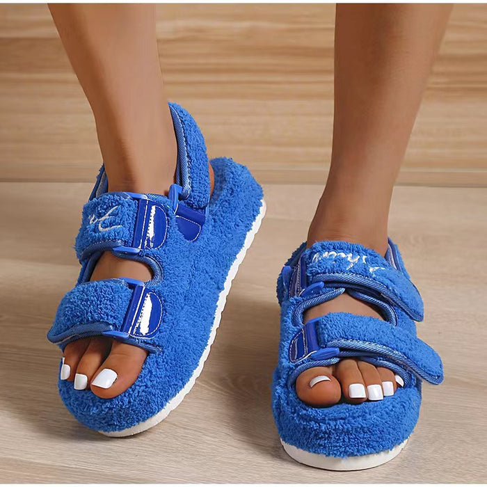 Wholesale sandals pu one word thick bottom fur sandals embossed cotton MOQ≥2 JDC-SD-JuHong007