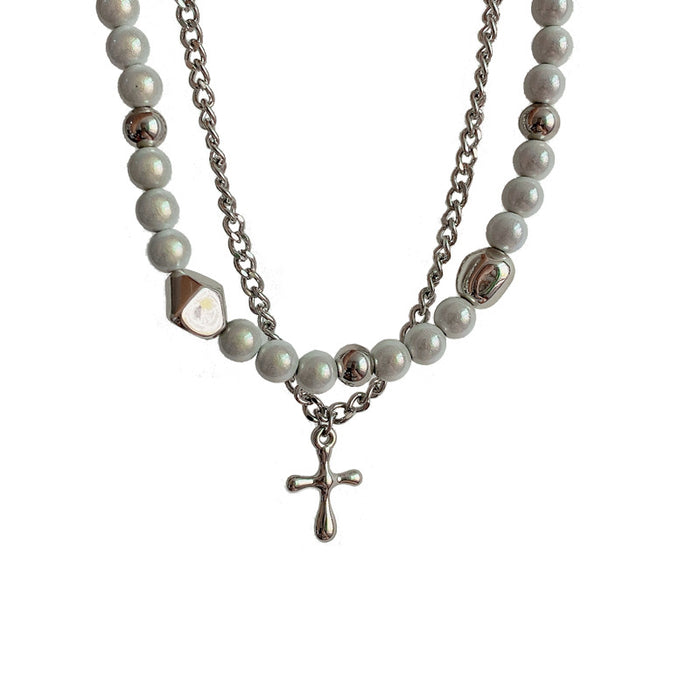 Wholesale Necklace Titanium Steel Reflective Pearl Cross Clavicle Chain Bracelet Jewelry Set JDC-NE-GM012