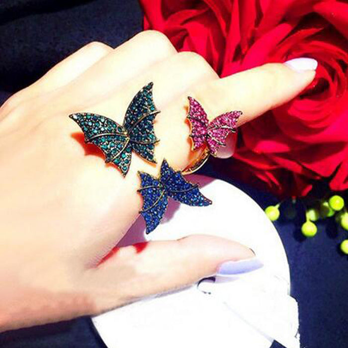 Wholesale Rings Alloy Stereo Three Butterflies Zircon Adjustable MOQ≥2 JDC-RS-LanT003