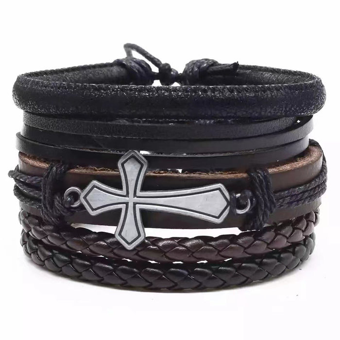 Wholesale Four Piece Carpunk Hardware Braided Leather Bracelet Multilayer Set Cross MOQ≥3 JDC-BT-BaB014