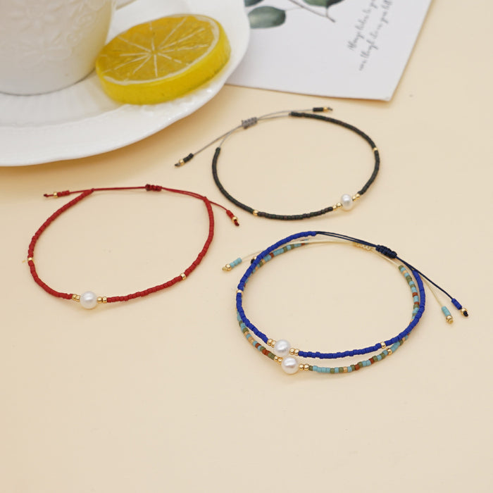 Wholesale Bracelet Ethnic Hand Jewelry Miyuki Rice Beads Woven Natural Freshwater Pearl String Macrame Bracelet  JDC-BT-GBH128