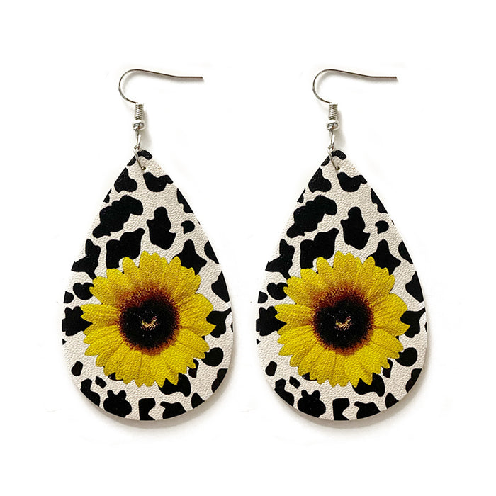 Wholesale Earrings Leather Leopard Sunflower Print Earrings 2 pairs JDC-ES-Qunyi015