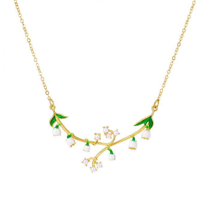 Wholesale necklace alloy lily of the valley inlaid pearl drop glaze flowers JDC-NE-D049
