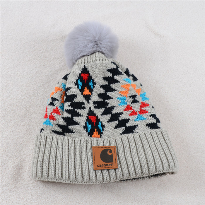 Wholesale Hat Cotton Boho Colorful Print Pom Knit Hat MOQ≥2 (F) JDC-FH-KuT012