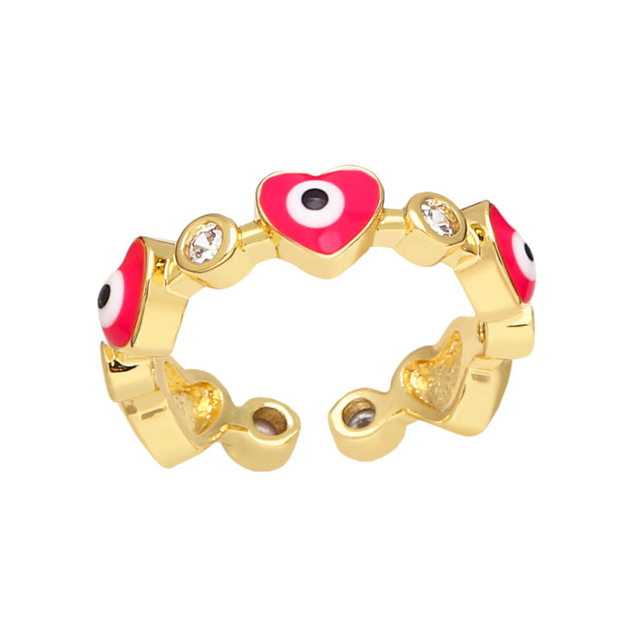 Wholesale Ring Copper Plated 18K Gold Zircon Devil's Eye Heart Shape Enamel Adjustable JDC-PREMAS-RS-009