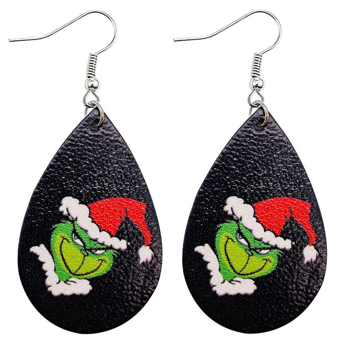 Wholesale Earrings Leather Christmas Green Frog Double Sided Print MOQ≥2 JDC-ES-PuCi001