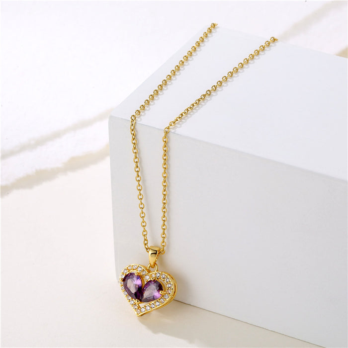 Wholesale Necklace Stainless Steel Full Diamond Amethyst Heart Shape Zircon Clavicle Chain JDC-NE-QR010