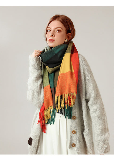 Wholesale Scarf Polyester Colorblock Plaid Tassel Extended Warmth MOQ≥2 JDC-SF-Jinghan005