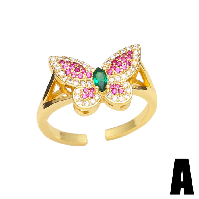 Wholesale Ring Copper Plated 18K Gold Zircon Color Butterfly Adjustable JDC-PREMAS-RS-020