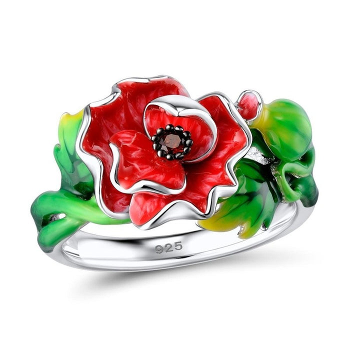 Wholesale Red Flower Sparkling Garnet Metal Ring JDC-RS-RunT003