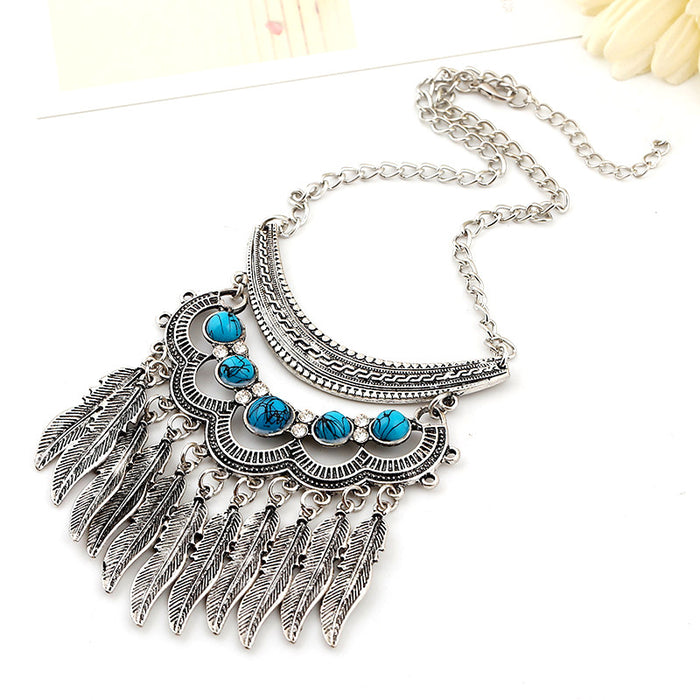 Wholesale Necklace Alloy Turquoise Leaves Tassel Set With Diamonds JDC-NE-Haobiao004