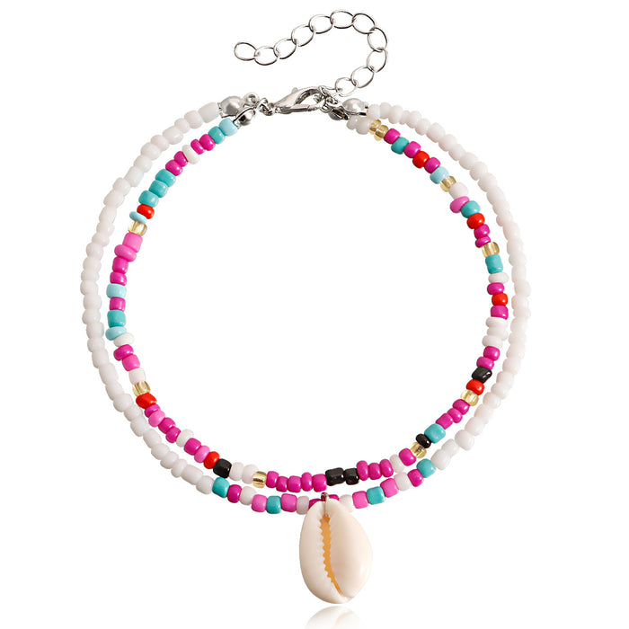 Wholesale bohemian double layer color rice bead shell beach anklet JDC-AS-ZW008