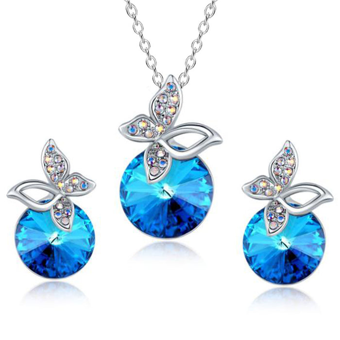 Temperamento al por mayor Collar de cristal azul Pendientes de mariposa azul