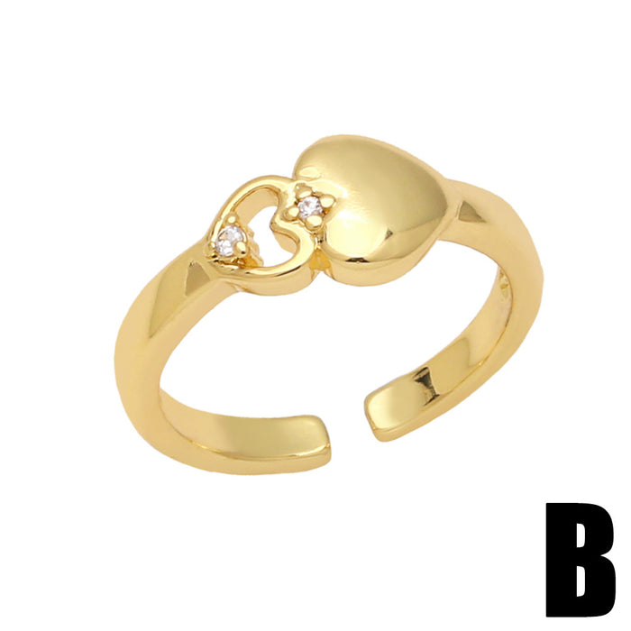 Wholesale Ring Copper Plated 18K Gold Zircon Clock Heart Shape Adjustable JDC-PREMAS-RS-001